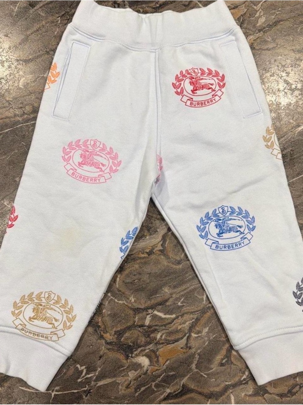 Burberry Kids White Sweatpants with Multicolor Crest Prints